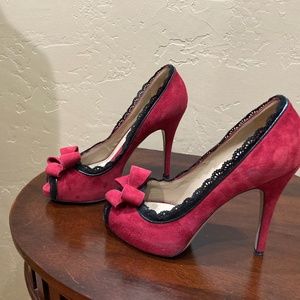 Valentino Garavani Red Sued Bow Peep Toe Pumps, Size 37.5